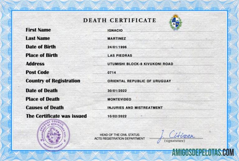 Certidão de Óbito do Uruguai exemplo